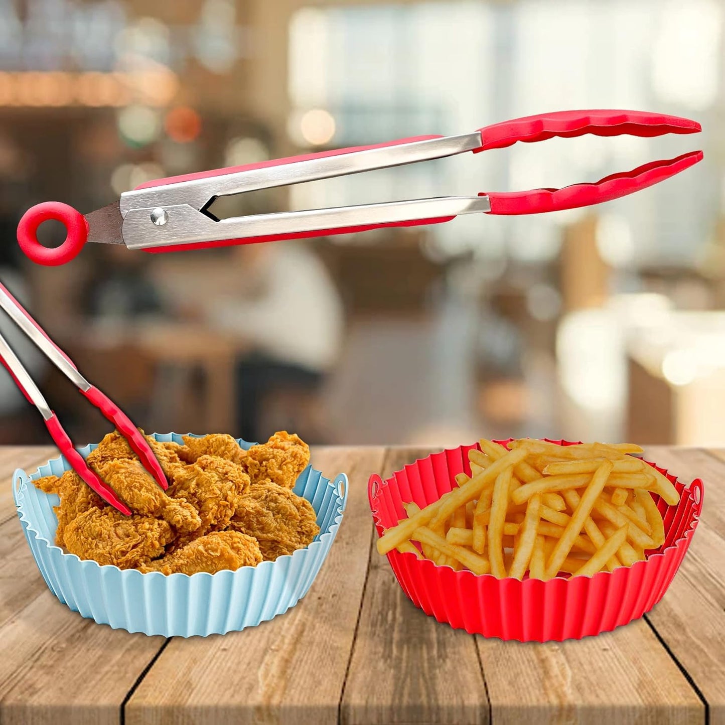 BEZAZZLED 2 Reusable Silicone Air Fryer Liners for 3-5 QT Fryers,8" Non Stick Foldable Liners Airfryer Parchment liner with free 9 Inch Tongs with Silicone Tip