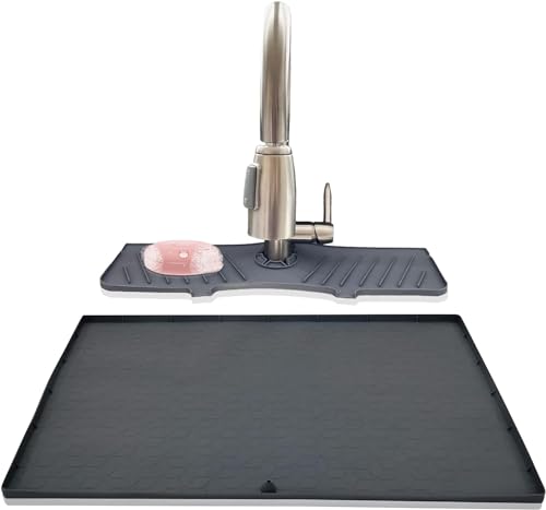 BEZAZZLED Under Sink Mats for Kitchen Cabinets and Bathroom Sinkswith Bonus Faucet Drip Mat 34" x 22" Flexible Silicone Under Sink Liner with Drain Hole Thick Rubber Mat
