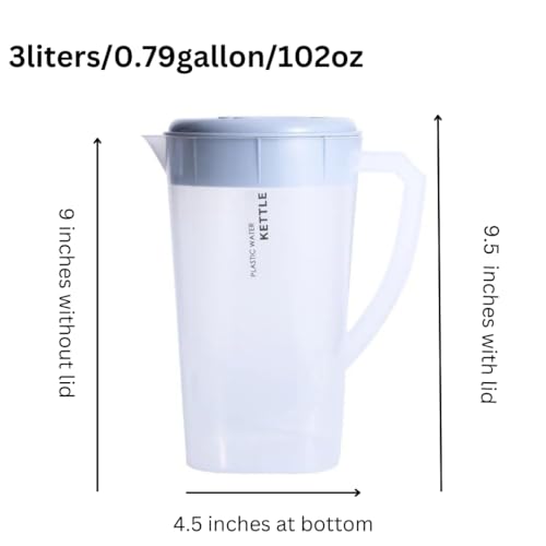 3 Litre/0.79 Gallon Plastic Pitcher with LidBPA-FREE Eco-Friendly juice containers with lids Water Jug for Hot/Cold Juice Beverage Ice Tea Kettle 102 oz Transparent