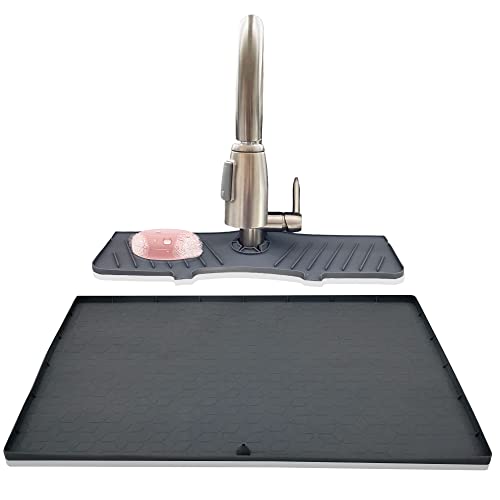 Under Sink Mats for Kitchen Cabinets and Bathroom Sinks 34" x 22" Flexible Silicone Under Sink Liner with Drain Hole Thick Rubber Mat that Protects Cabinet from Sink Leak with bonus Faucet Drip Mat