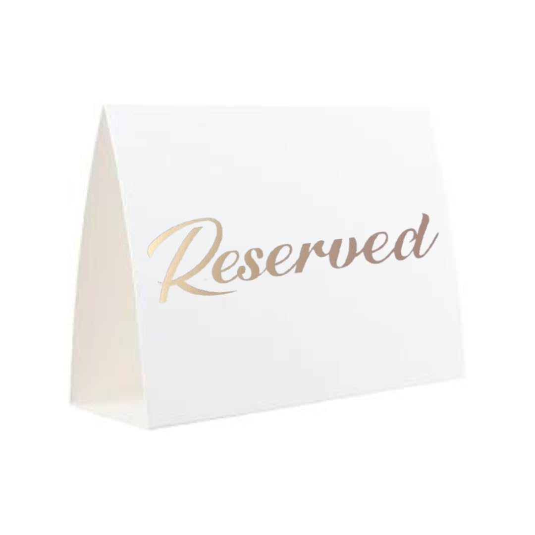 25 Pack Gold Reserved Table Cards for Wedding with Gold Foiled Letters- Seating Signs for Chairs Church Pews Double Sided Signs Tent Reservation Cards Celebration Accessories" (Set of 25, White)