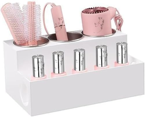 BEZAZZLED White Hair Dryer Holder, Wooden Countertop Hair Accessories Organizer For Bathroom, Blow Dryer Holder. Hair Appliance Holder, Storage Stand for Makeup Toiletries with Cord Wrap Organizer