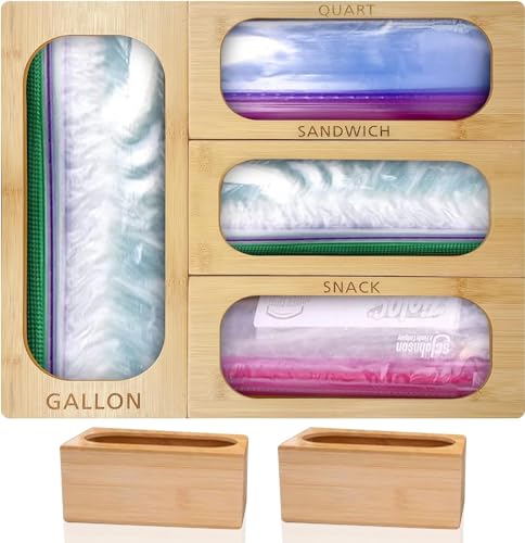 BEZAZZLED Bag Storage Organizer for Kitchen Drawer, Bamboo Organizer, Compatible with Gallon, Quart, Sandwich and Snack Variety Size Bag (1 Box 4 Slots)