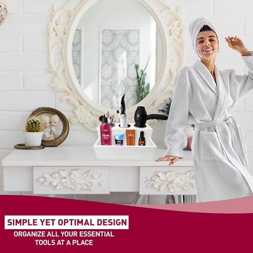 BEZAZZLED White Hair Dryer Holder, Wooden Countertop Hair Accessories Organizer For Bathroom, Blow Dryer Holder. Hair Appliance Holder, Storage Stand for Makeup Toiletries with Cord Wrap Organizer