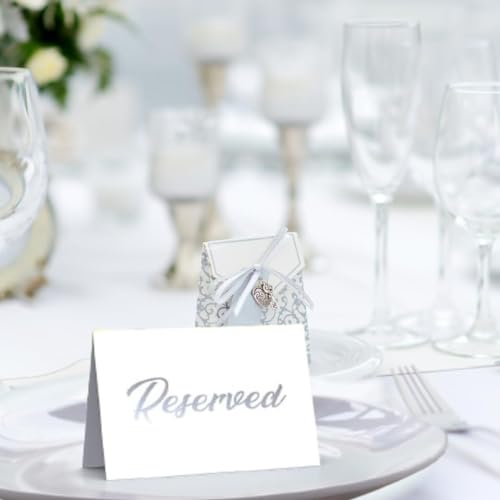 25 Pack SILVER Reserved Table Cards for Wedding With SILVER Foiled Letters- Seating Signs for Chairs Church Pews Double Sided Signs Tent Reservation Cards Celebration Accessories"5.5 * 3