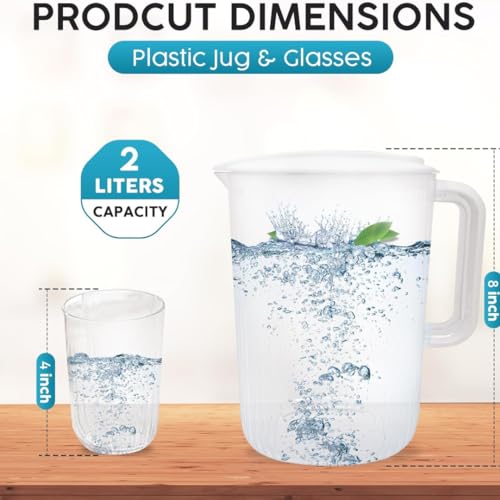 "BPA-Free2 litres Plastic Water Pitcher with Lid and Set of 4 Cups -plastic pitcher, juice containers with lid.water jug and 4 cups. 0.52 gallon pitcher with cups.tea pitcher,hot/cold water pitcher