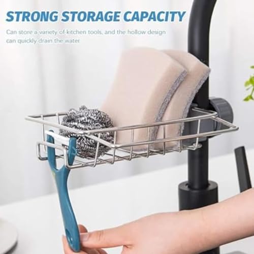 BEZAZZLED Stainless Steel Sponge Holder Over Faucet Kitchen Sink, Caddy Organizer, Detachable Dish Cloth Rack Hanging Drain Rack for Bathroom, Scrubbers, Soap, Chrome
