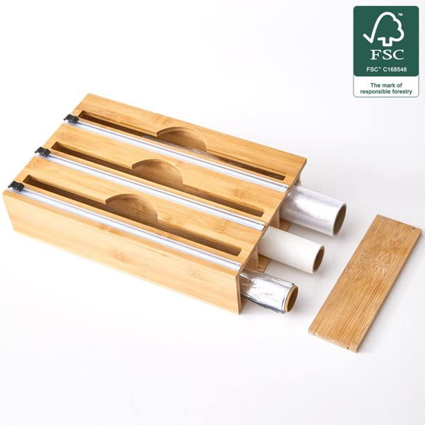 Bamboo Drawer Ziplock Bag Storage And Bamboo Foil and Plastic Wrap Organizers,Bamboo Foil and Bambo Drawer ziplock pack in one box.Foil organizer Storage Holder for 12" Roll and Drawer Ziplock 4(p)