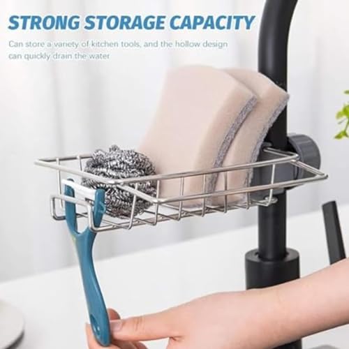 BEZAZZLED Stainless Steel Sponge Holder Over Faucet Kitchen Sink, Caddy Organizer, Detachable Dish Cloth Rack Hanging Drain Rack for Bathroom, Scrubbers, Soap, Chrome