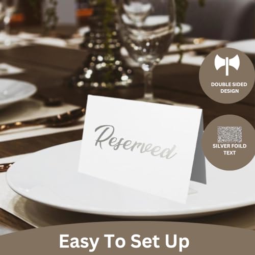 25 Pack SILVER Reserved Table Cards for Wedding With SILVER Foiled Letters- Seating Signs for Chairs Church Pews Double Sided Signs Tent Reservation Cards Celebration Accessories"5.5 * 3