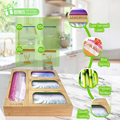 Bamboo Drawer Ziplock Bag Storage Organizer,Food Storage Holder Bag,Kitchen Drawer Organizer for Gallon Sandwich & Snack Variety Size Bags, Modular 4 Piece Set- with 40 Plastic Zip Lock Bags Included