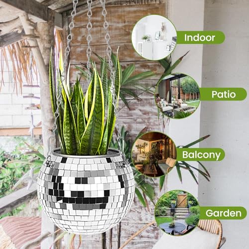 BEZAZZLED Disco Ball Planter 8", Mirror Disco Ball Hanging Planters for Indoor Outdoor Plants with Chain, Macrame Rope, Wooden Stand, Plant Hanger, Flower Pots, Plant Pots for Garden Home Porch Decor
