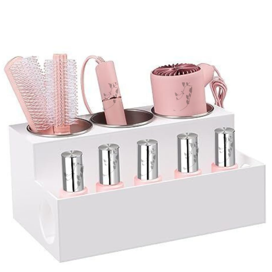 White Hair Dryer Holder, Wooden Countertop Hair Accessories Organizer For Bathroom, Blow Dryer Holder. Hair Appliance Holder, Storage Stand for Makeup Toiletries with Cord Wrap Organizer