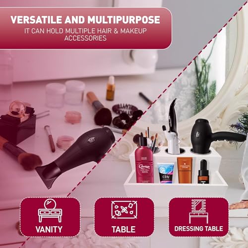 BEZAZZLED White Hair Dryer Holder, Wooden Countertop Hair Accessories Organizer For Bathroom, Blow Dryer Holder. Hair Appliance Holder, Storage Stand for Makeup Toiletries with Cord Wrap Organizer