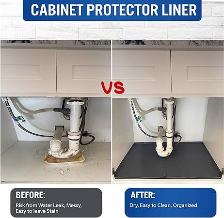 BEZAZZLED Under Sink Mats for Kitchen Cabinets and Bathroom Sinkswith Bonus Faucet Drip Mat 34" x 22" Flexible Silicone Under Sink Liner with Drain Hole Thick Rubber Mat