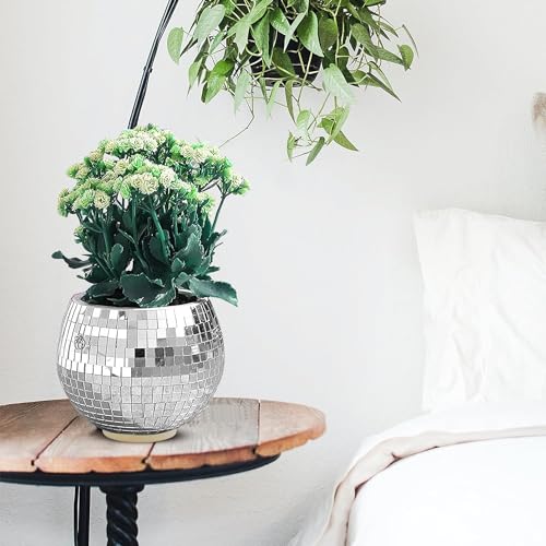 BEZAZZLED Disco Ball Planter 8", Mirror Disco Ball Hanging Planters for Indoor Outdoor Plants with Chain, Macrame Rope, Wooden Stand, Plant Hanger, Flower Pots, Plant Pots for Garden Home Porch Decor