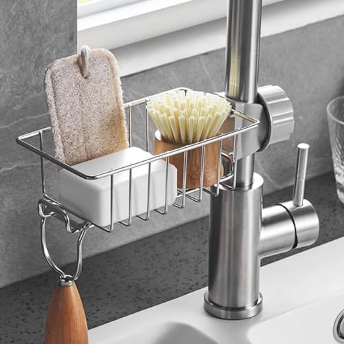 BEZAZZLED Stainless Steel Sponge Holder Over Faucet Kitchen Sink, Caddy Organizer, Detachable Dish Cloth Rack Hanging Drain Rack for Bathroom, Scrubbers, Soap, Chrome