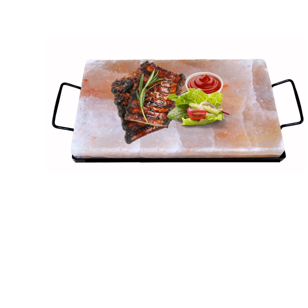 BEZAZZLED Himalayan Salt Block Cooking Plate 12x8x1.5 for Cooking, Salt Board for Grilling, Cutting, and Serving, Food Grade Rock Salt Stone with Steel Tray Unique Gifts for Men, Women, Chefs & Cooks