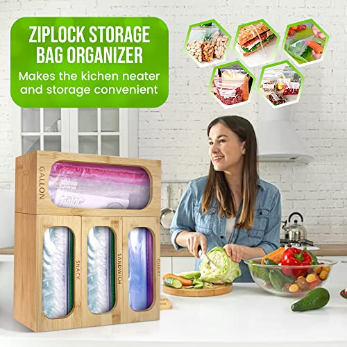 Bamboo Drawer Ziplock Bag Storage Organizer,Food Storage Holder Bag,Kitchen Drawer Organizer for Gallon Sandwich & Snack Variety Size Bags, Modular 4 Piece Set- with 40 Plastic Zip Lock Bags Included
