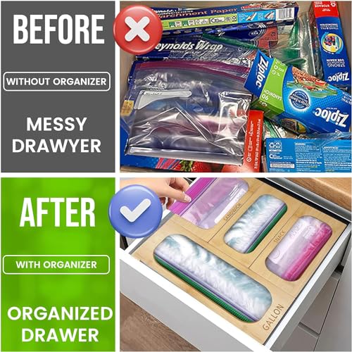 BEZAZZLED Bag Storage Organizer for Kitchen Drawer, Bamboo Organizer, Compatible with Gallon, Quart, Sandwich and Snack Variety Size Bag (1 Box 4 Slots)