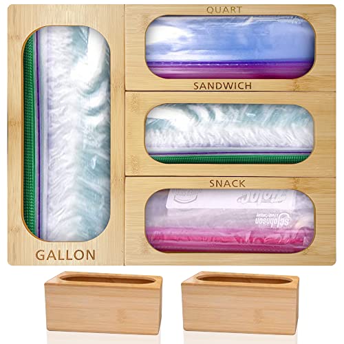 Bamboo Drawer Ziplock Bag Storage Organizer,Food Storage Holder Bag,Kitchen Drawer Organizer for Gallon Sandwich & Snack Variety Size Bags, Modular 4 Piece Set- with 40 Plastic Zip Lock Bags Included