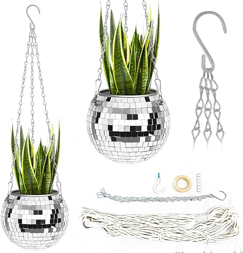 BEZAZZLED Disco Ball Planter 8", Mirror Disco Ball Hanging Planters for Indoor Outdoor Plants with Chain, Macrame Rope, Wooden Stand, Plant Hanger, Flower Pots, Plant Pots for Garden Home Porch Decor