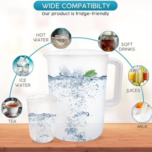 "BPA-Free2 litres Plastic Water Pitcher with Lid and Set of 4 Cups -plastic pitcher, juice containers with lid.water jug and 4 cups. 0.52 gallon pitcher with cups.tea pitcher,hot/cold water pitcher