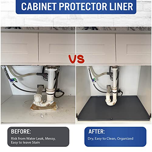 Under Sink Mats for Kitchen Cabinets and Bathroom Sinks 34" x 22" Flexible Silicone Under Sink Liner with Drain Hole Thick Rubber Mat that Protects Cabinet from Sink Leak with bonus Faucet Drip Mat
