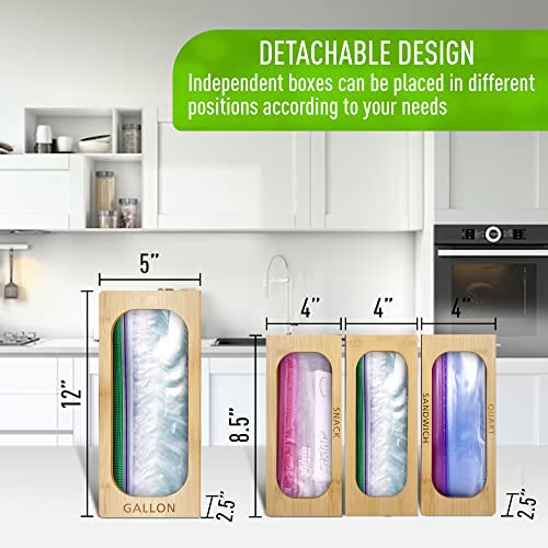 Bamboo Drawer Ziplock Bag Storage Organizer,Food Storage Holder Bag,Kitchen Drawer Organizer for Gallon Sandwich & Snack Variety Size Bags, Modular 4 Piece Set- with 40 Plastic Zip Lock Bags Included