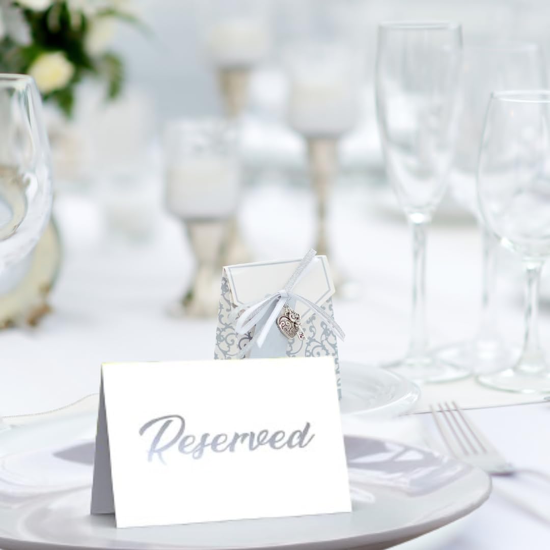 25 Pack SILVER Reserved Table Cards for Wedding With SILVER Foiled Letters- Seating Signs for Chairs Church Pews Double Sided Signs Tent Reservation Cards Celebration Accessories"5.5 * 3