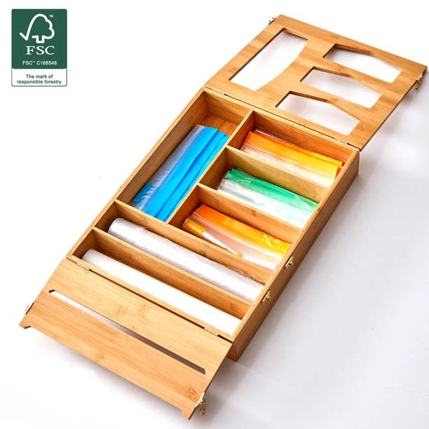 Bamboo Drawer Ziplock Bag Storage And Bamboo Foil and Plastic Wrap Organizers,Bamboo Foil and Bambo Drawer ziplock pack in one box.Foil organizer Storage Holder for 12" Roll and Drawer Ziplock 4(p)