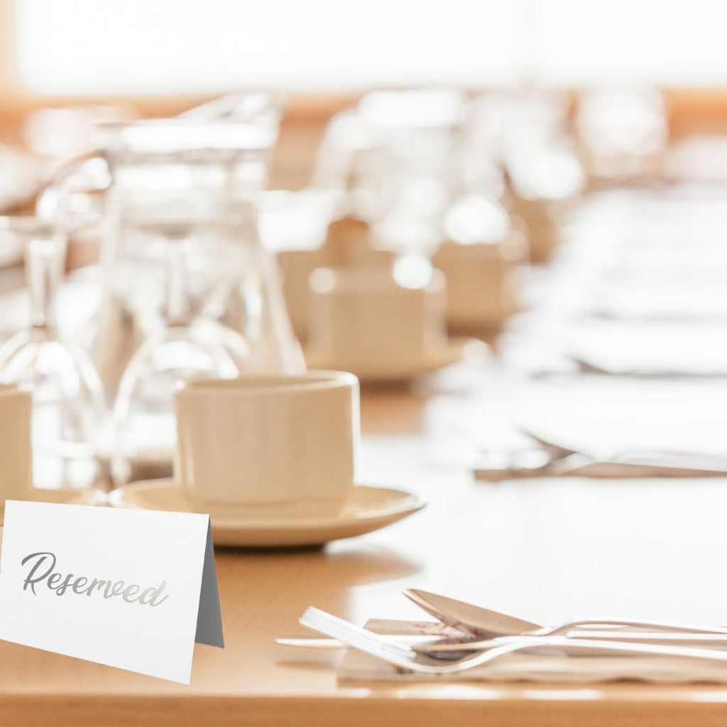 25 Pack SILVER Reserved Table Cards for Wedding With SILVER Foiled Letters- Seating Signs for Chairs Church Pews Double Sided Signs Tent Reservation Cards Celebration Accessories"5.5 * 3