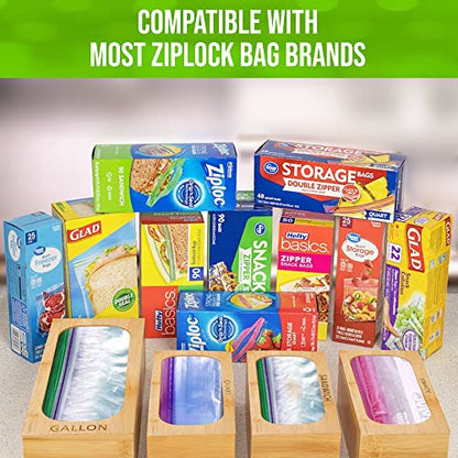 Bamboo Drawer Ziplock Bag Storage Organizer,Food Storage Holder Bag,Kitchen Drawer Organizer for Gallon Sandwich & Snack Variety Size Bags, Modular 4 Piece Set- with 40 Plastic Zip Lock Bags Included