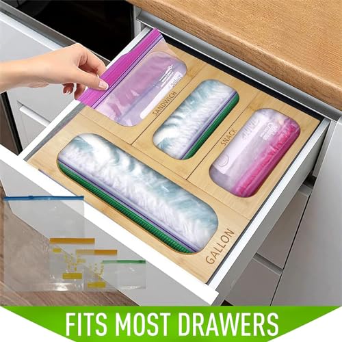BEZAZZLED Bag Storage Organizer for Kitchen Drawer, Bamboo Organizer, Compatible with Gallon, Quart, Sandwich and Snack Variety Size Bag (1 Box 4 Slots)