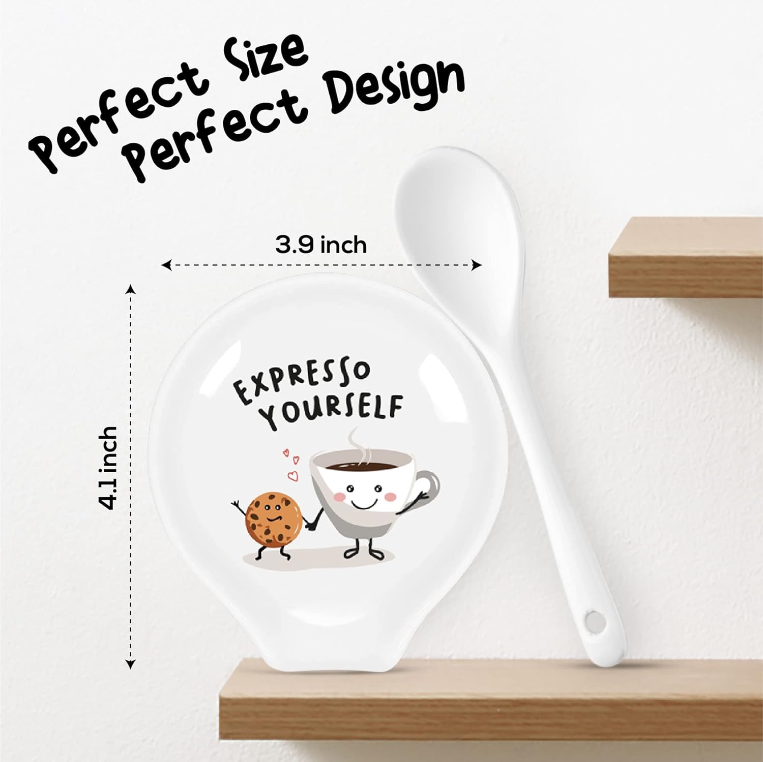 BEZAZZLED Four Inch- Coffee Spoon Rest, Coffee Spoon Holder, Kitchen Spoon Rest, Spoon Rest Ceramic, Cute, Gift for Coffee Lovers, Coffee Spoon Rest for Coffee Bar, White Spoon Rest with Spoon