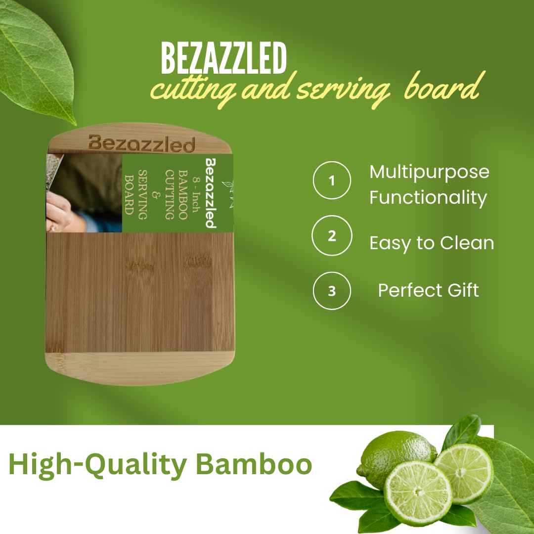 Bezazzled Two-Tone 8 Inch 100% Organic Bamboo Cutting and Serving Board For Kitchen with Juice Groove and Handles Chopping Board for Meat Cheese board Heavy Duty Serving Tray, Pre Oiled,