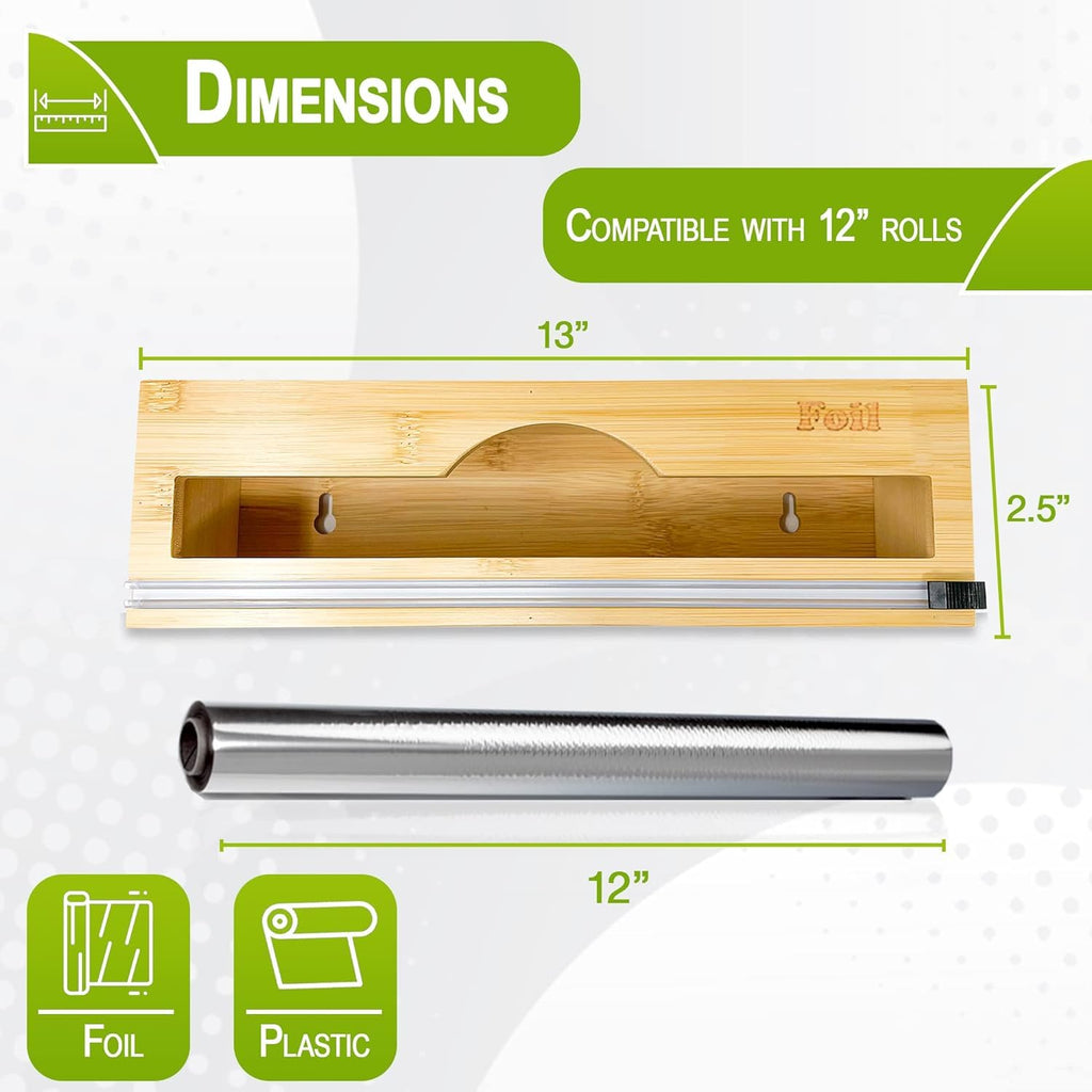 BEZAZZLED Bamboo Foil and Plastic Wrap Organizer, Dispenser with Cutter for Drawer, Neat Dispenser with Cutter, Aluminum Foil Dispenser,Storage Organization Holder for 12" Roll