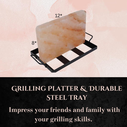BEZAZZLED Himalayan Salt Block Cooking Plate 12x8x1.5 for Cooking, Salt Board for Grilling, Cutting, and Serving, Food Grade Rock Salt Stone with Steel Tray Unique Gifts for Men, Women, Chefs & Cooks