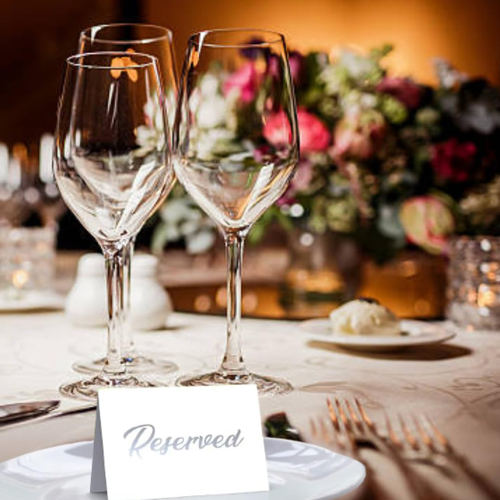 25 Pack SILVER Reserved Table Cards for Wedding With SILVER Foiled Letters- Seating Signs for Chairs Church Pews Double Sided Signs Tent Reservation Cards Celebration Accessories"5.5 * 3