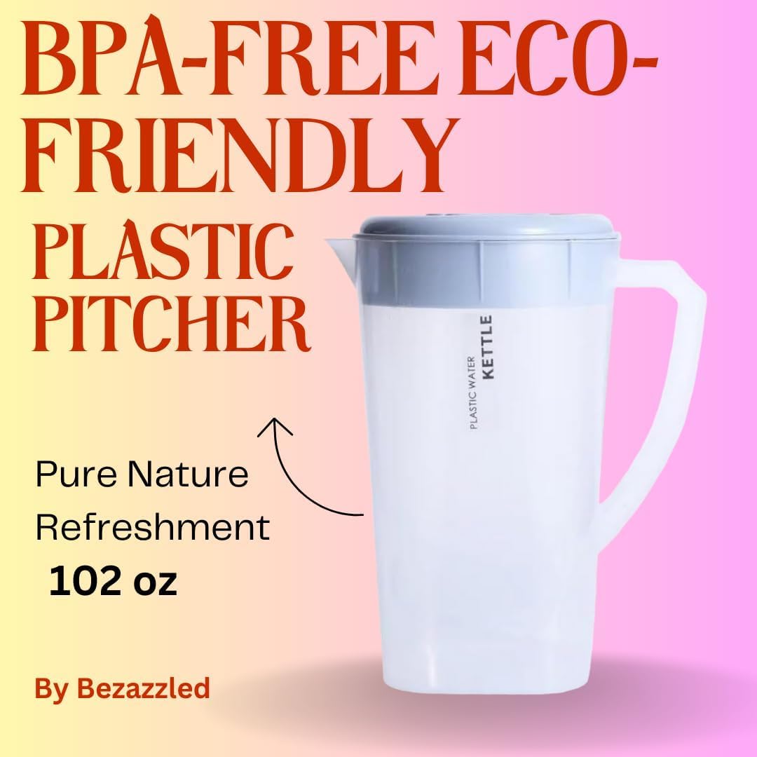 BEZAZZLED 3 Litre/0.79 Gallon Plastic Pitcher with LidBPA-FREE Eco-Friendly juice containers with lids Water Jug for Hot/Cold Juice Beverage Ice Tea Kettle 102 oz Transparent