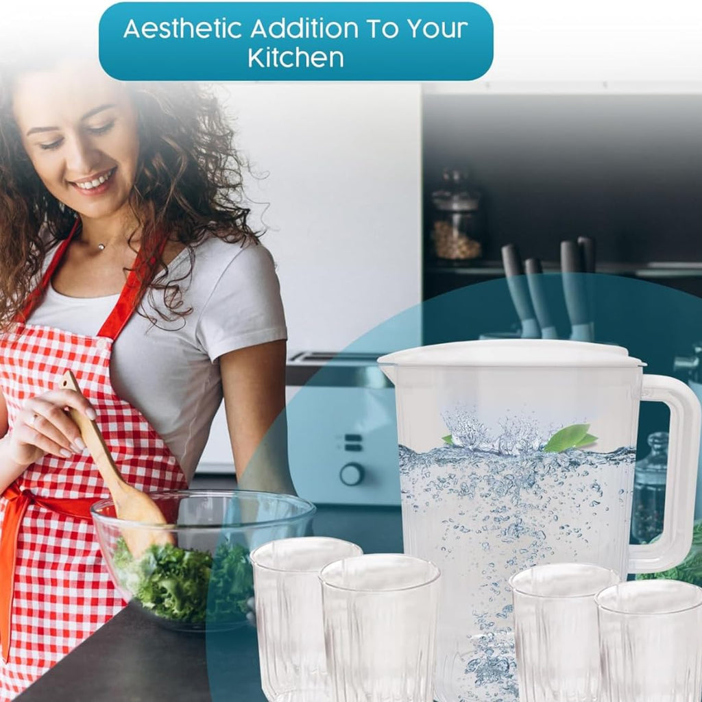 "BPA-Free2 litres Plastic Water Pitcher with Lid and Set of 4 Cups -plastic pitcher, juice containers with lid.water jug and 4 cups. 0.52 gallon pitcher with cups.tea pitcher,hot/cold water pitcher