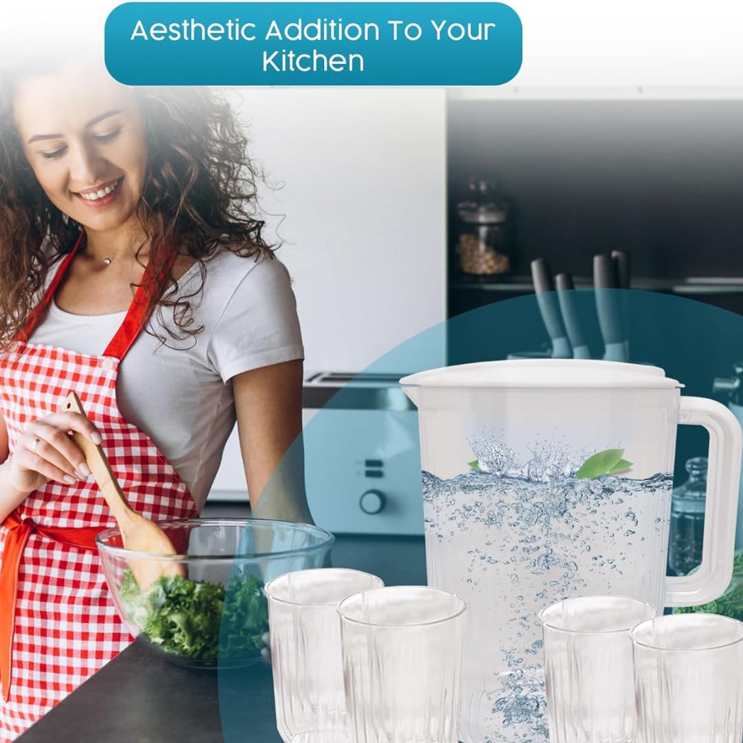 "BPA-Free2 litres Plastic Water Pitcher with Lid and Set of 4 Cups -plastic pitcher, juice containers with lid.water jug and 4 cups. 0.52 gallon pitcher with cups.tea pitcher,hot/cold water pitcher