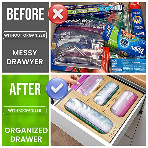 Bamboo Drawer Ziplock Bag Storage Organizer,Food Storage Holder Bag,Kitchen Drawer Organizer for Gallon Sandwich & Snack Variety Size Bags, Modular 4 Piece Set- with 40 Plastic Zip Lock Bags Included