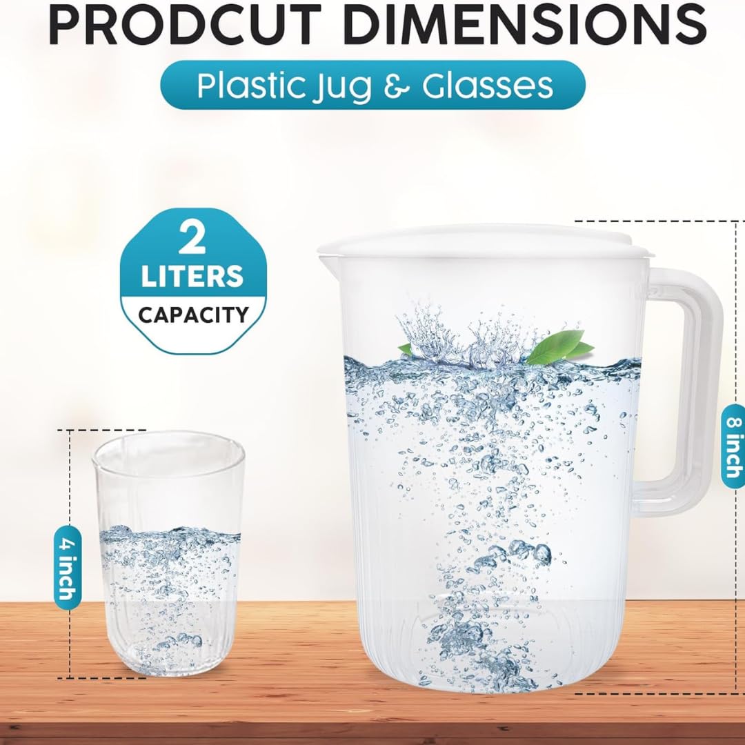 "BPA-Free2 litres Plastic Water Pitcher with Lid and Set of 4 Cups -plastic pitcher, juice containers with lid.water jug and 4 cups. 0.52 gallon pitcher with cups.tea pitcher,hot/cold water pitcher