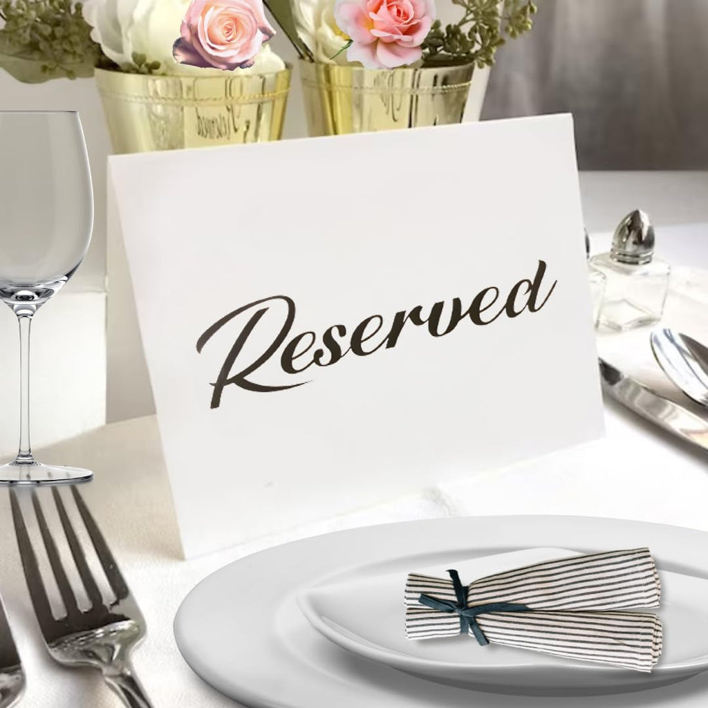25 Pack SILVER Reserved Table Cards for Wedding With SILVER Foiled Letters- Seating Signs for Chairs Church Pews Double Sided Signs Tent Reservation Cards Celebration Accessories"5.5 * 3