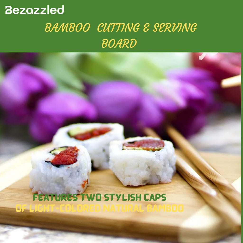 Bezazzled Two-Tone 8 Inch 100% Organic Bamboo Cutting and Serving Board For Kitchen with Juice Groove and Handles Chopping Board for Meat Cheese board Heavy Duty Serving Tray, Pre Oiled,
