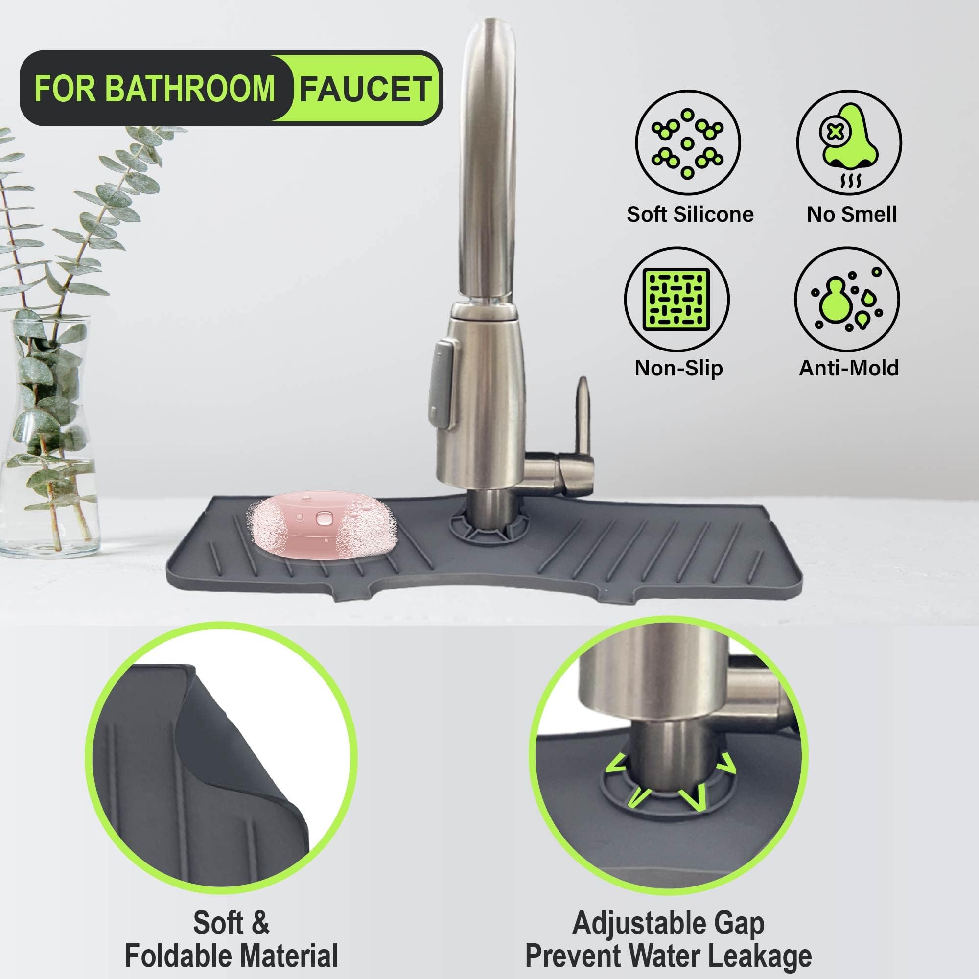 Bezazzled Silicone Faucet Handle Drip Catcher Tray Mat, Drying Mat for Kitchen Counter Bathroom Sink Splash Guard -Grey, Silicone Faucet Mat Dish Soap Sponge Holder for Sink Accessories Gadgets,