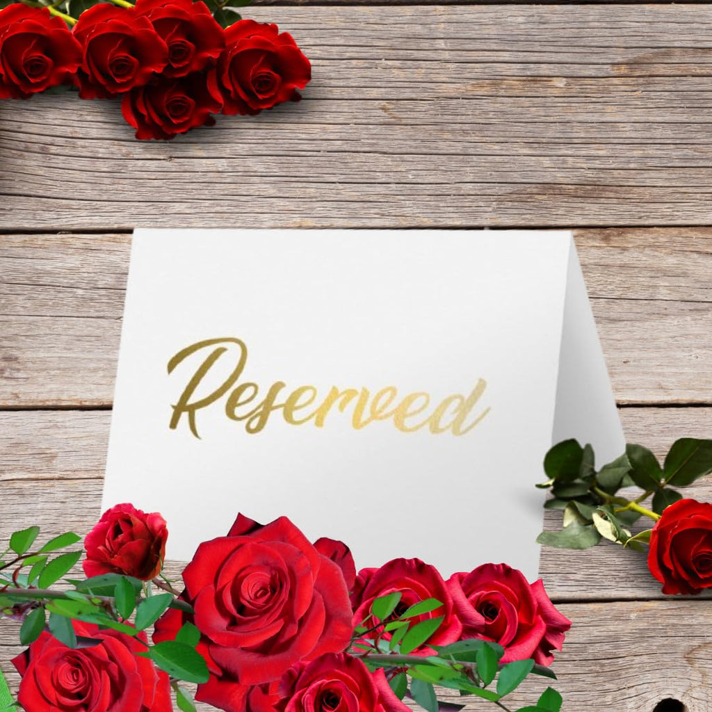 25 Pack Gold Reserved Table Cards for Wedding with Gold Foiled Letters- Seating Signs for Chairs Church Pews Double Sided Signs Tent Reservation Cards Celebration Accessories" (Set of 25, White)