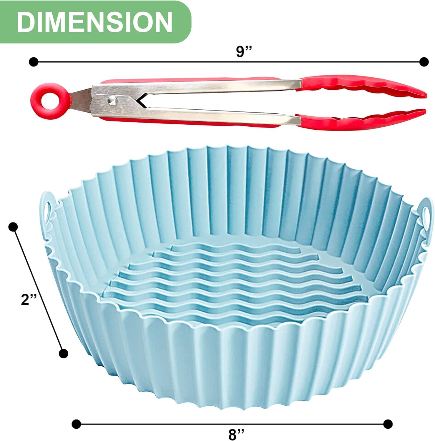 BEZAZZLED 2 Reusable Silicone Air Fryer Liners for 3-5 QT Fryers,8" Non Stick Foldable Liners Airfryer Parchment liner with free 9 Inch Tongs with Silicone Tip