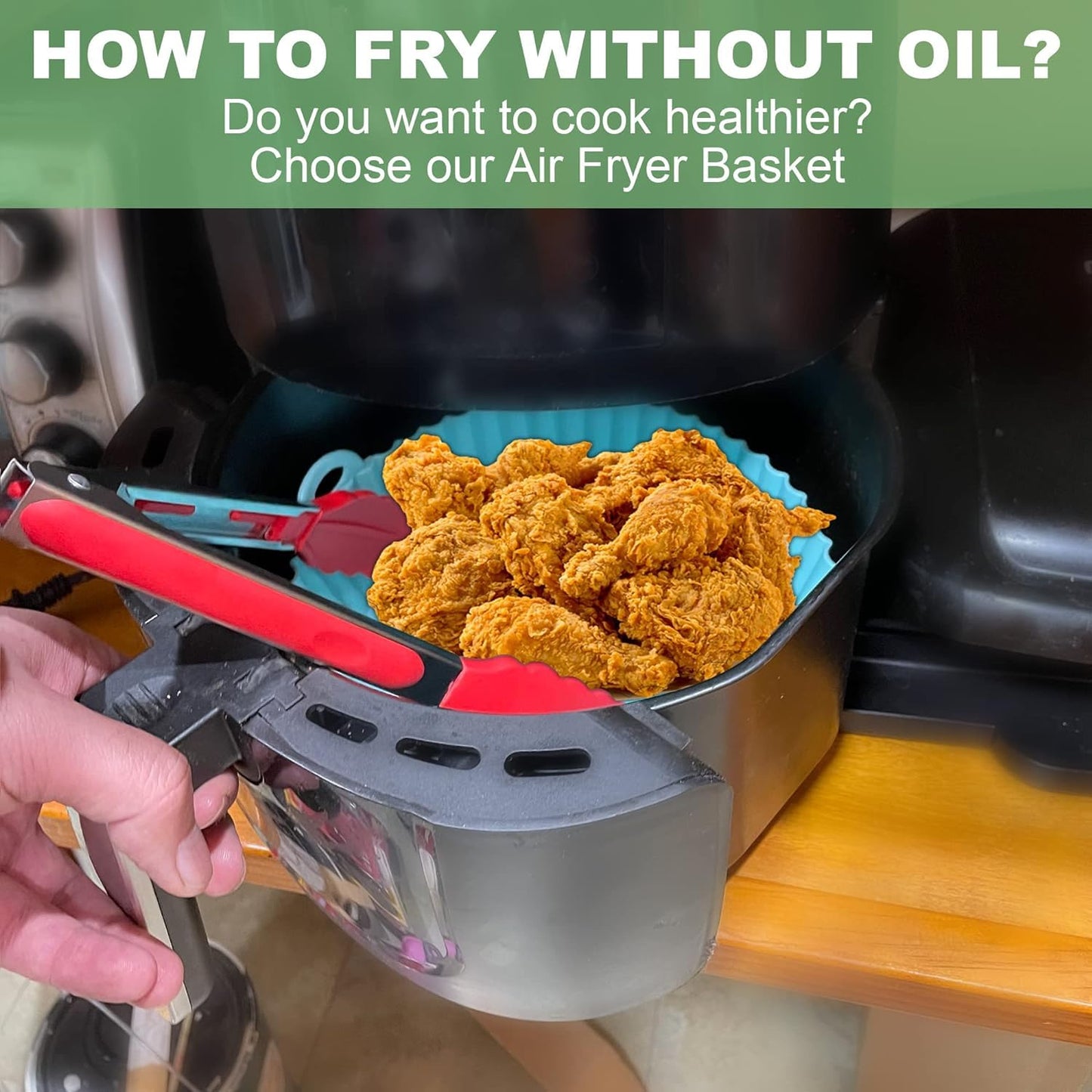 BEZAZZLED 2 Reusable Silicone Air Fryer Liners for 3-5 QT Fryers,8" Non Stick Foldable Liners Airfryer Parchment liner with free 9 Inch Tongs with Silicone Tip